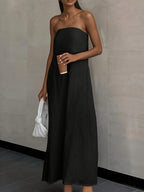 2026 NEW SUMMER Linen Women's High-Waisted Strapless Backless Patchwork Pocket Dress Lightweight Casual Vacation Dress With Smooth Texture, Solid Color Long Dress For Summer