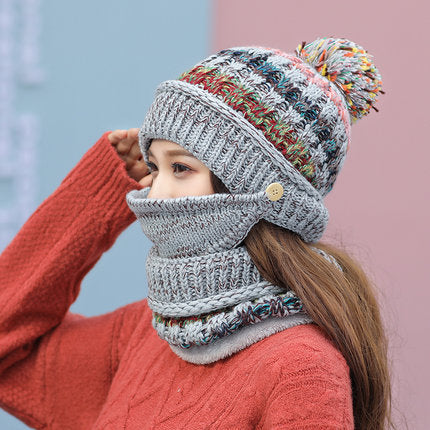 Women Winter 3PCS Hat Scarf and Mask Korean winter knitted hat