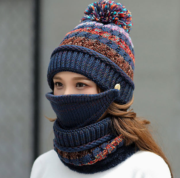 Women Winter 3PCS Hat Scarf and Mask Korean winter knitted hat