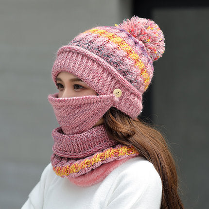 Women Winter 3PCS Hat Scarf and Mask Korean winter knitted hat