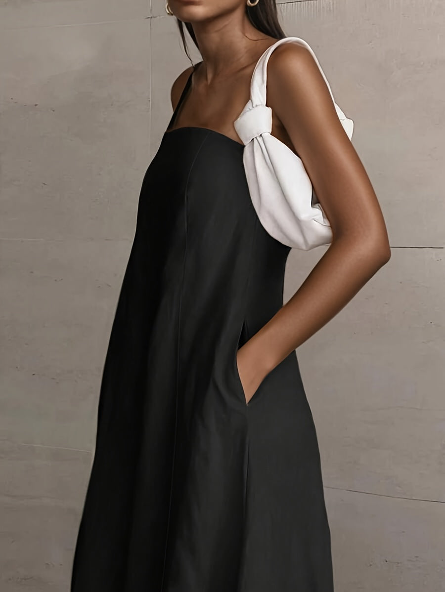 2026 NEW SUMMER Linen Women's High-Waisted Strapless Backless Patchwork Pocket Dress Lightweight Casual Vacation Dress With Smooth Texture, Solid Color Long Dress For Summer