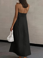 2026 NEW SUMMER Linen Women's High-Waisted Strapless Backless Patchwork Pocket Dress Lightweight Casual Vacation Dress With Smooth Texture, Solid Color Long Dress For Summer