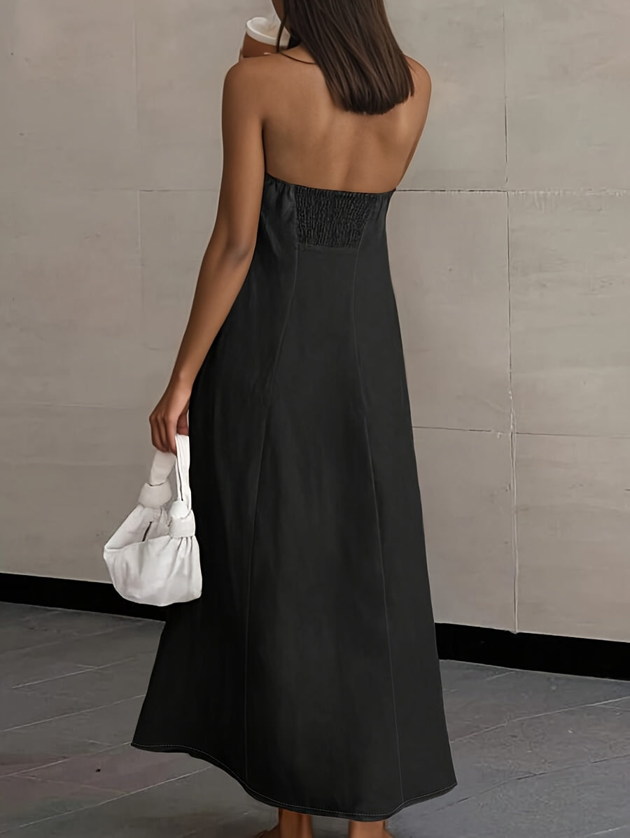 2026 NEW SUMMER Linen Women's High-Waisted Strapless Backless Patchwork Pocket Dress Lightweight Casual Vacation Dress With Smooth Texture, Solid Color Long Dress For Summer