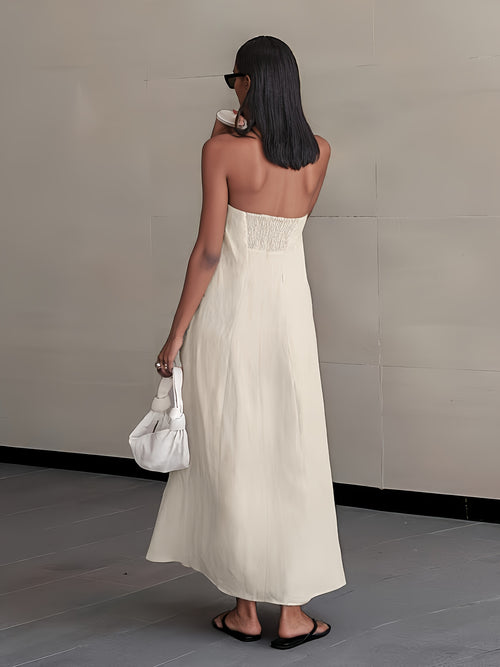 2026 NEW SUMMER Linen Women's High-Waisted Strapless Backless Patchwork Pocket Dress Lightweight Casual Vacation Dress With Smooth Texture, Solid Color Long Dress For Summer