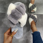 Cross-strap Furry Slippers Home Flat Indoor Floor Bedroom House Shoes Women