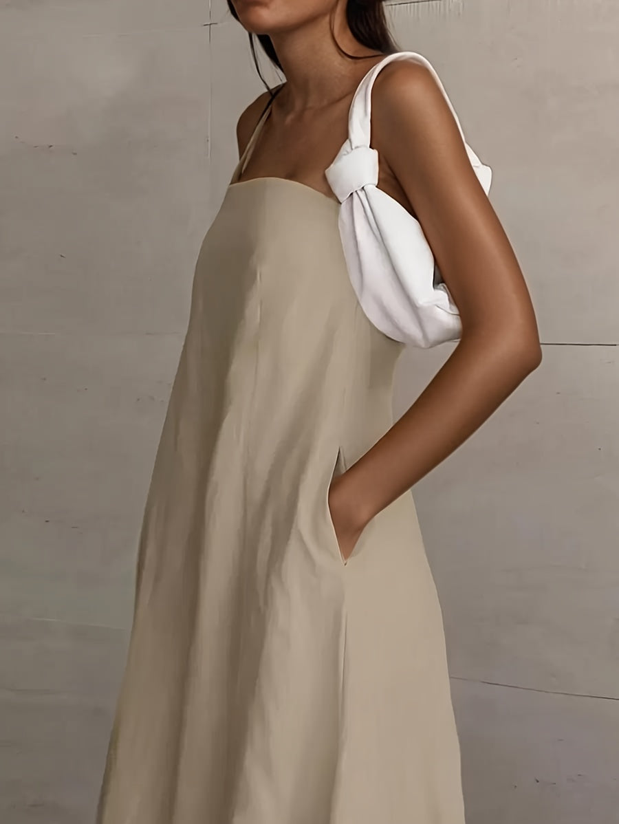 2026 NEW SUMMER Linen Women's High-Waisted Strapless Backless Patchwork Pocket Dress Lightweight Casual Vacation Dress With Smooth Texture, Solid Color Long Dress For Summer