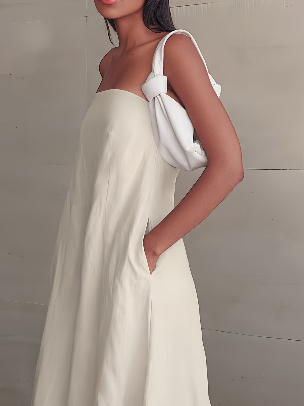 2026 NEW SUMMER Linen Women's High-Waisted Strapless Backless Patchwork Pocket Dress Lightweight Casual Vacation Dress With Smooth Texture, Solid Color Long Dress For Summer