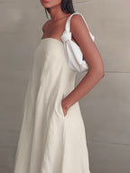 2026 NEW SUMMER Linen Women's High-Waisted Strapless Backless Patchwork Pocket Dress Lightweight Casual Vacation Dress With Smooth Texture, Solid Color Long Dress For Summer